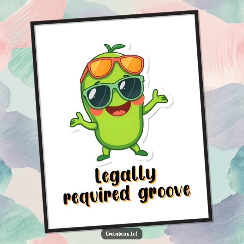 Funny digital art of a laughing green bean in big sunglasses doing a disco pose, celebrating retro fun.