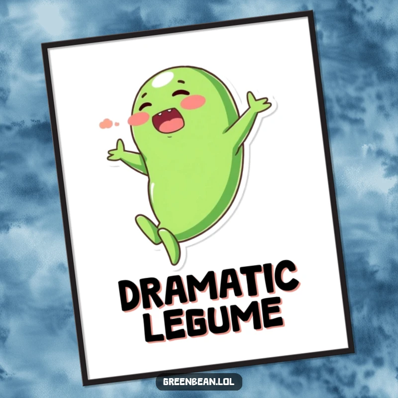 Funny digital art print of a plump, blushing green bean character performing a dramatic, exaggerated dive, printable decor.