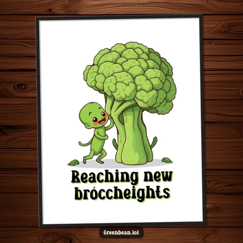 Funny digital art print of a determined green bean character climbing a giant broccoli stalk, an inspiring and humorous wall decor piece.