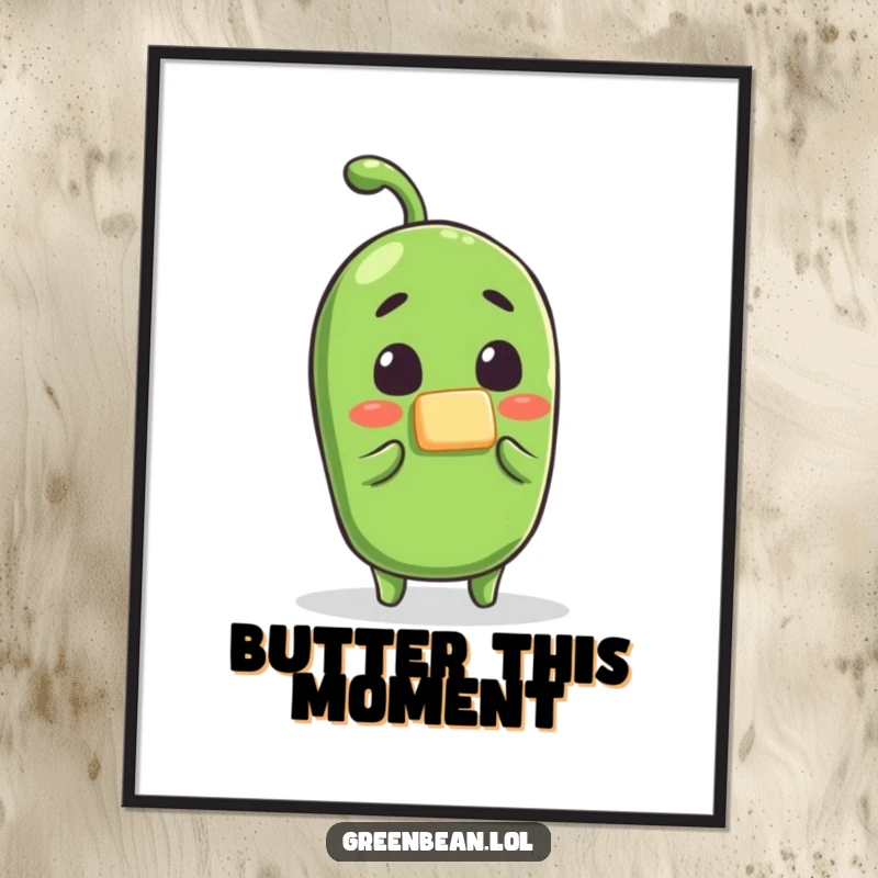 Funny green bean butter digital art print, a shocked bean character during a breakfast preparation, humorous printable wall decor for kitchens.