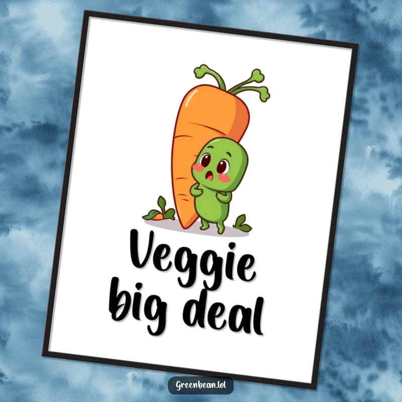 Funny digital art print of a surprised green bean character and a giant carrot. Humorous vegetable illustration for instant decor.