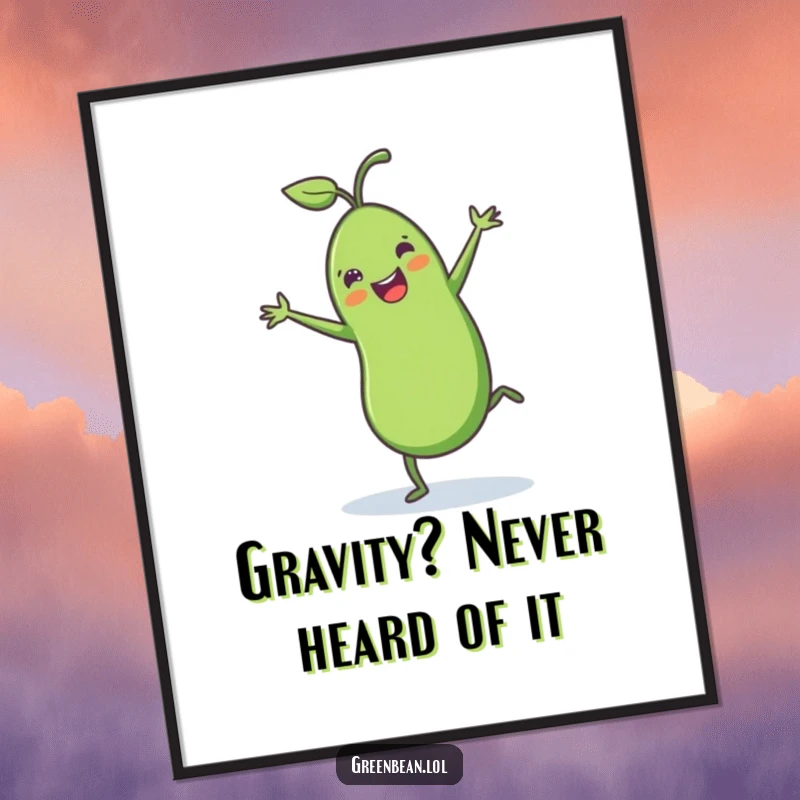 Funny green bean digital art print of a cheerful green bean with tiny legs doing a joyful cartwheel, capturing playful and humorous energy.