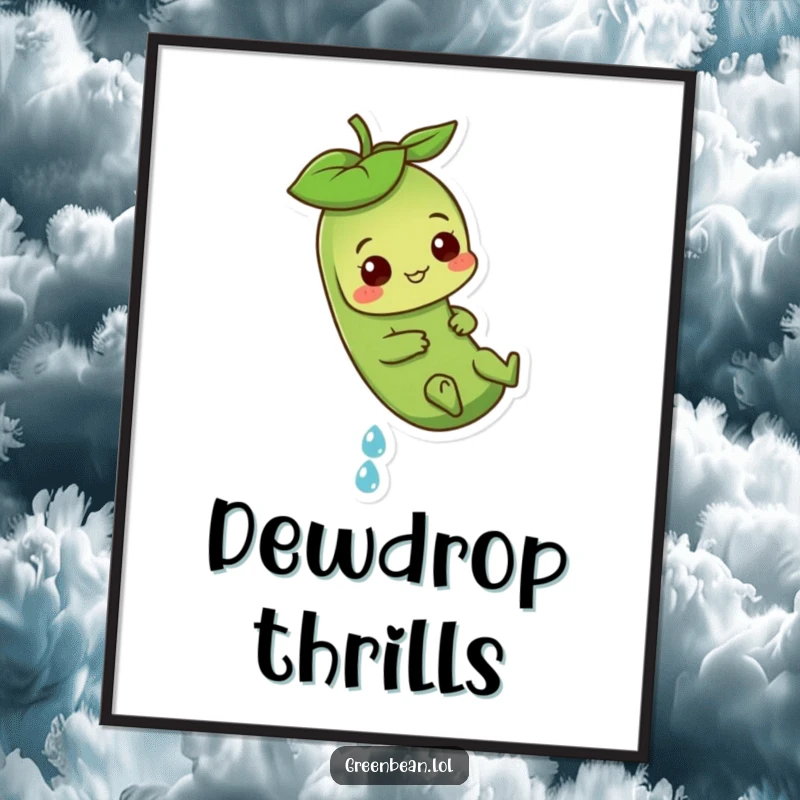 Funny Green Bean Digital Art Print of a playful character sliding down a dewdrop, bringing whimsical charm.