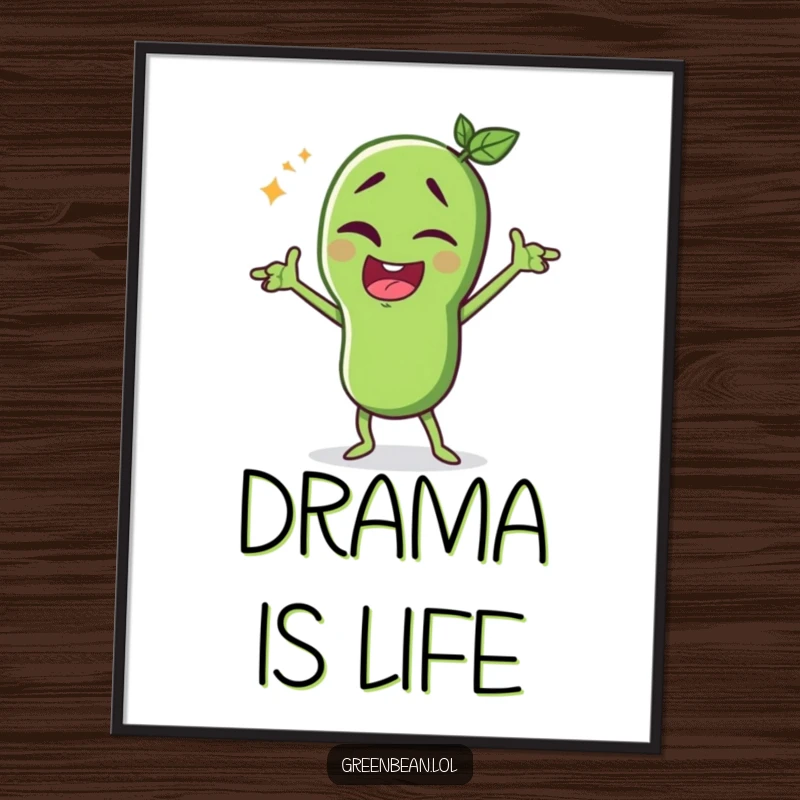 Funny green bean digital art print, winking character striking a dramatic pose, theatrical and humorous wall decor, funny gift.