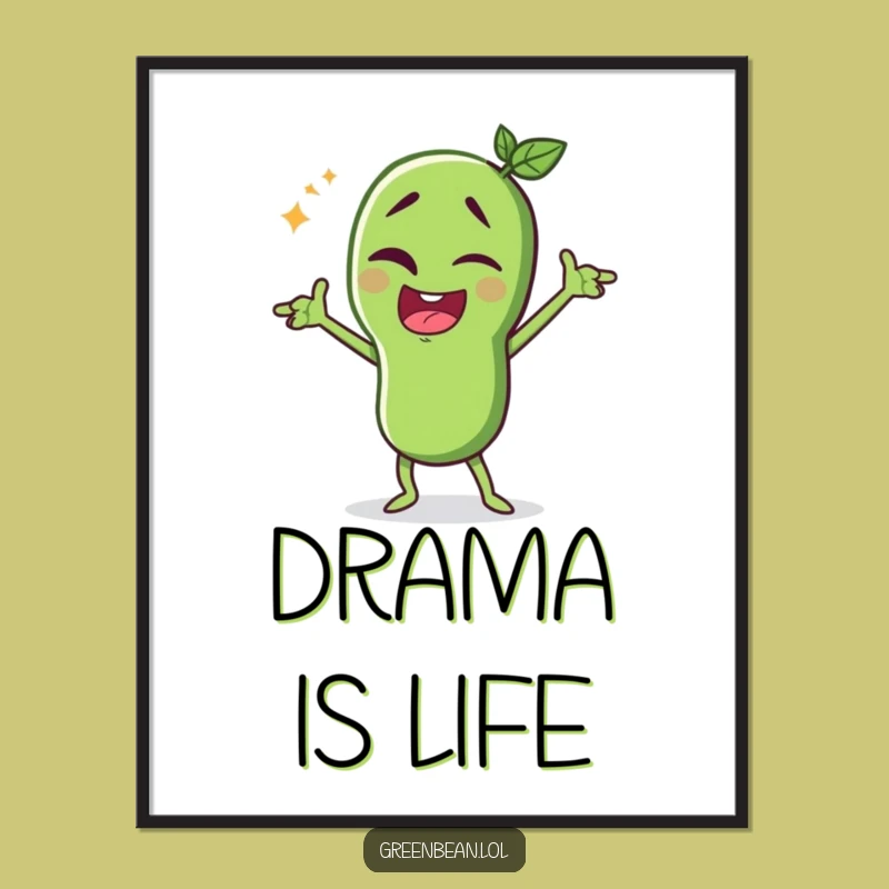Funny Green Bean Dramatic Art Print: Winking Performer Decor - Awesome Funny Gift!