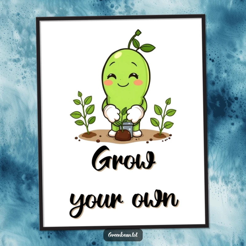 Funny Digital Art Print of a smiling green bean character wearing tiny gardening gloves, planting seeds, perfect for garden lovers.