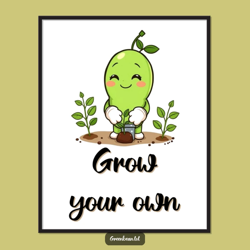 Funny Green Bean Gardener Digital Art: Planting Seeds, Instant Garden Charm Gift