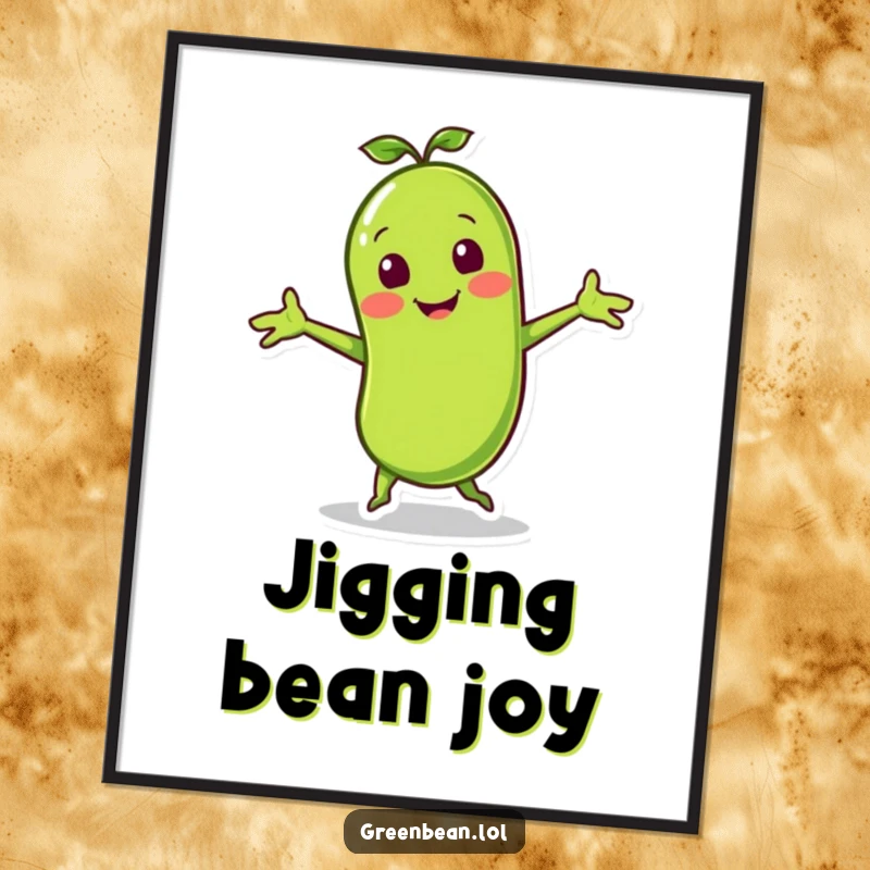 Funny digital art print of a smiling green bean character doing a lively jig with little arms outstretched, ready for download.