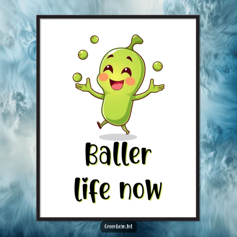 Funny green bean digital art print, joyful character happily juggling peas, vibrant and humorous wall decor, funny gift.