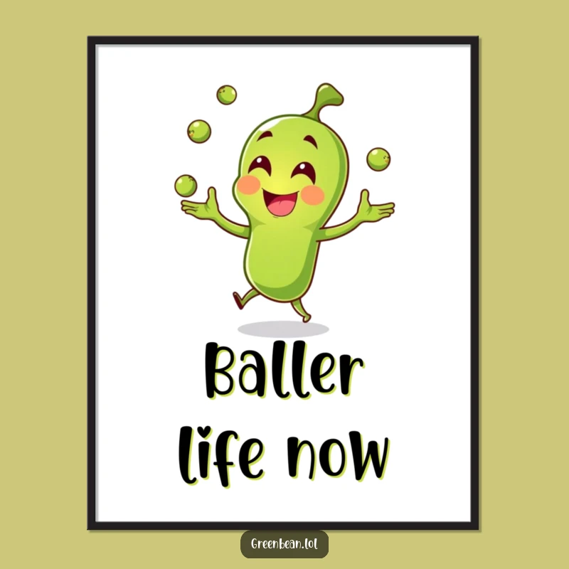 Funny Green Bean Juggling Art Print: Happy Character Decor - Awesome Funny Gift!