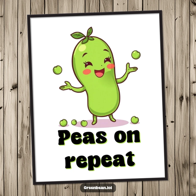 Funny green bean digital art print showcasing a cheerful character skillfully juggling peas, radiating pure joy and playful veggie energy. High resolution.