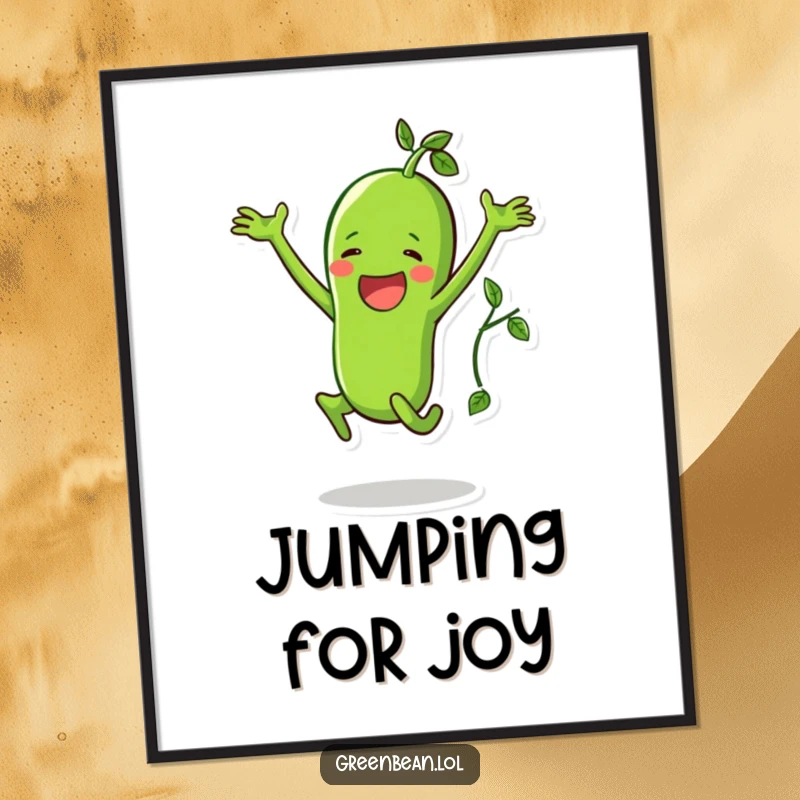 Funny digital art of a happy green bean character joyfully doing a jumping jack with a vine, energetic and fun.