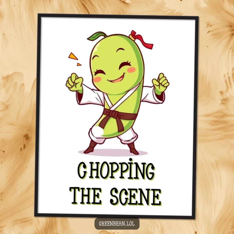 Funny green bean digital art print showing a smiling character executing a dynamic karate chop, radiating comedic energy and martial arts fun. High resolution.