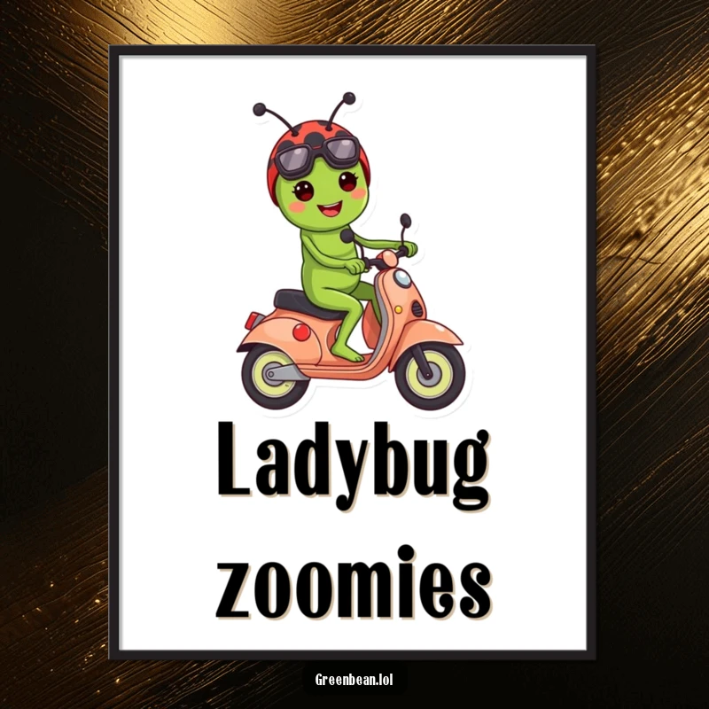 Funny digital art of a green bean character riding a ladybug like a scooter, a charming and humorous wall decor piece.