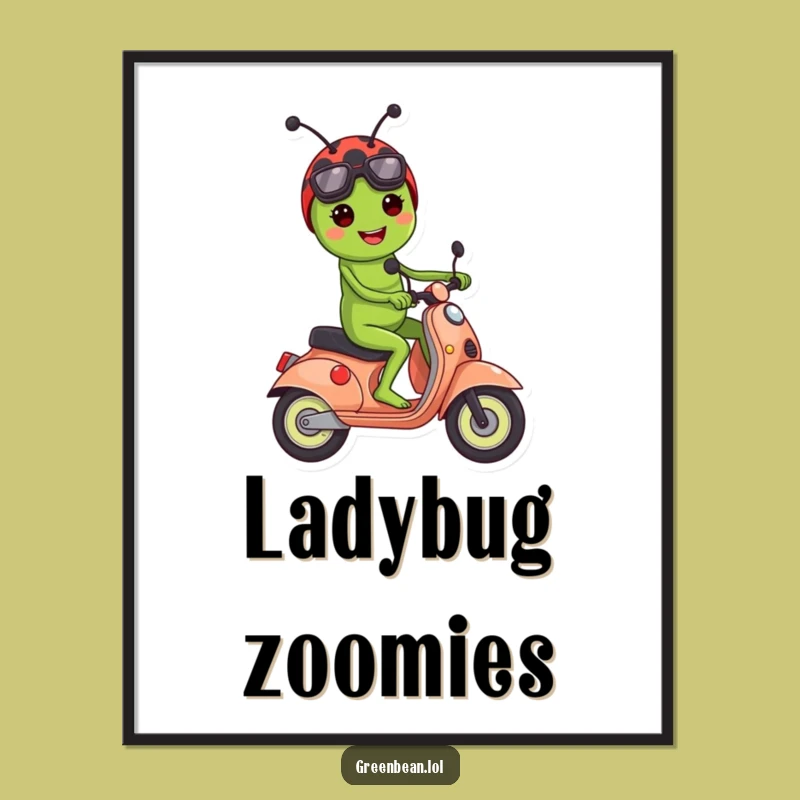 Funny Green Bean Ladybug Scooter Digital Art:Instant Whimsy for Your Decor
