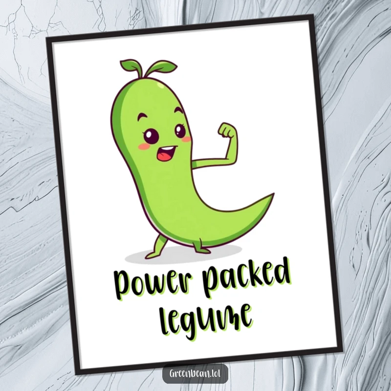Funny digital art print of a determined green bean flexing a pea muscle, ideal for motivational decor and a downloadable funny gift.