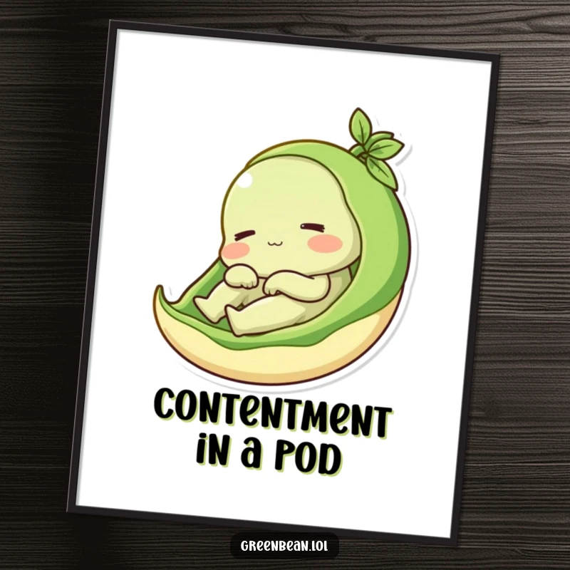 Funny digital art print of a content green bean relaxing in its pod, ideal for cozy decor and a downloadable funny gift.