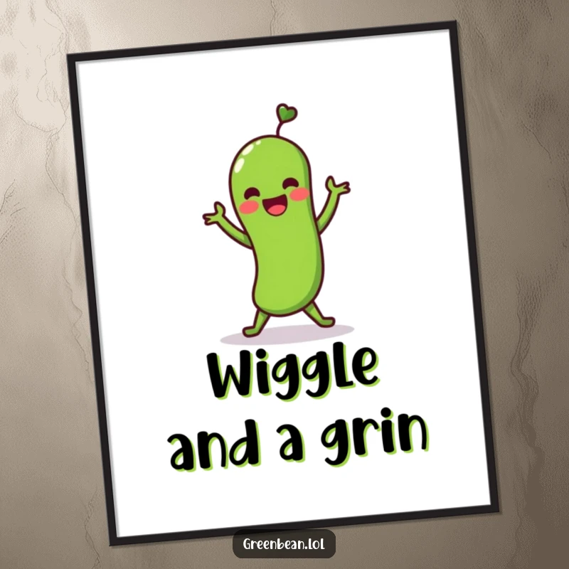 Funny digital art print of a green bean character doing a lively shimmy dance. Joyful and humorous artwork for digital display.