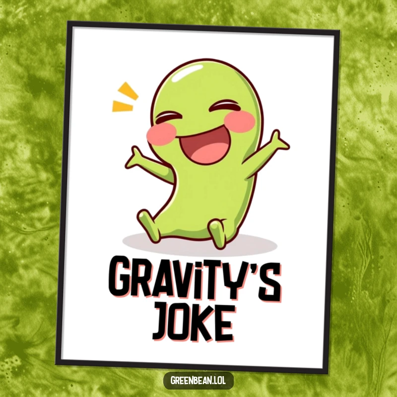 Funny digital art print of a green bean character comically slipping, delivering instant humor and visual appeal.