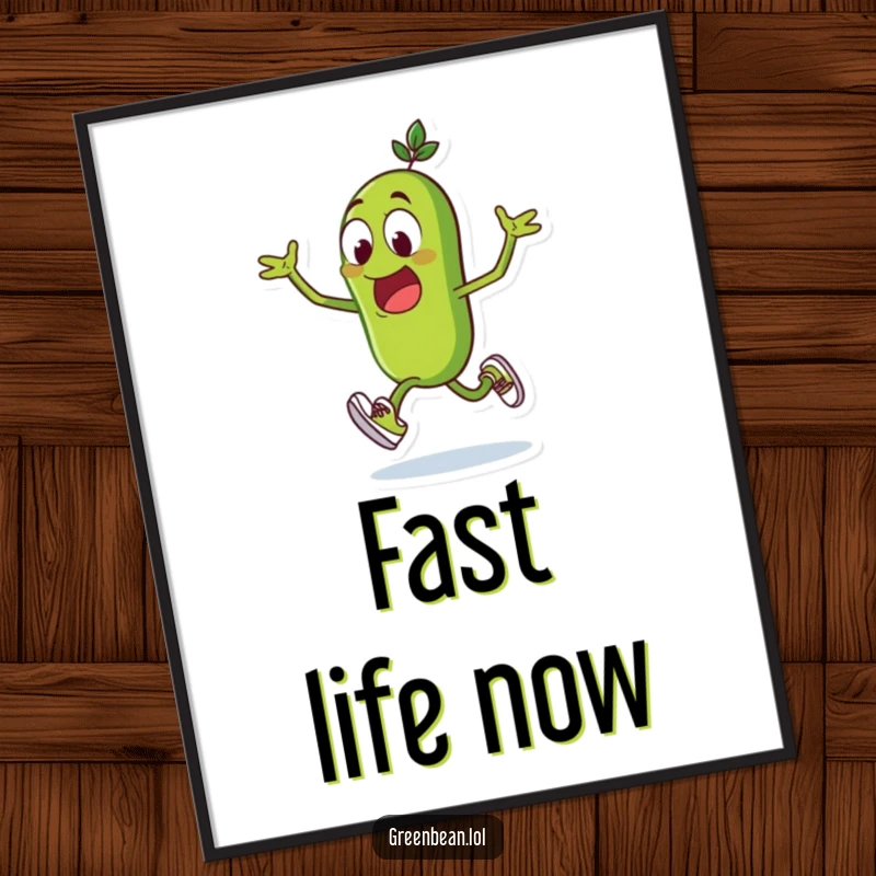 Funny green bean digital art print, excited character with tiny running shoes, sprinting dynamically, humorous wall decor, funny gift.