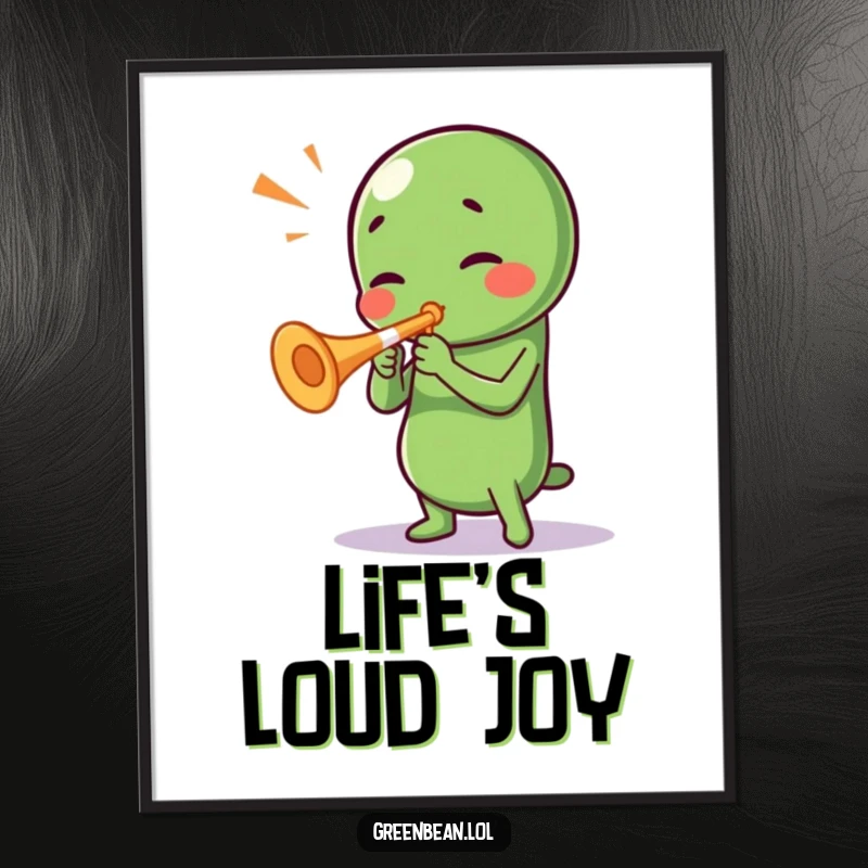 Funny Green Bean Digital Art Print: A vibrant, humorous artwork of a green bean character energetically playing a small trumpet.