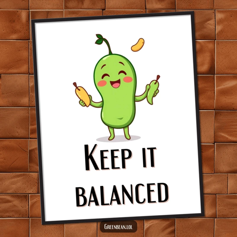 Funny Digital Art Print of a happy green bean character joyfully juggling three other green beans, symbolizing skill and fun.