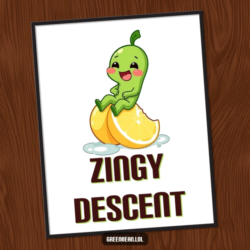 Funny digital art print of a green bean character giggling while sliding down a slippery lemon wedge.