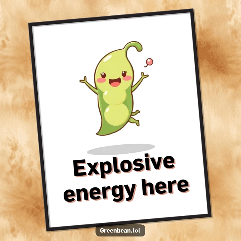 Funny pea pod digital art print of a happy pea pod leaping with peas popping out, capturing energetic vegetable humor for decor.