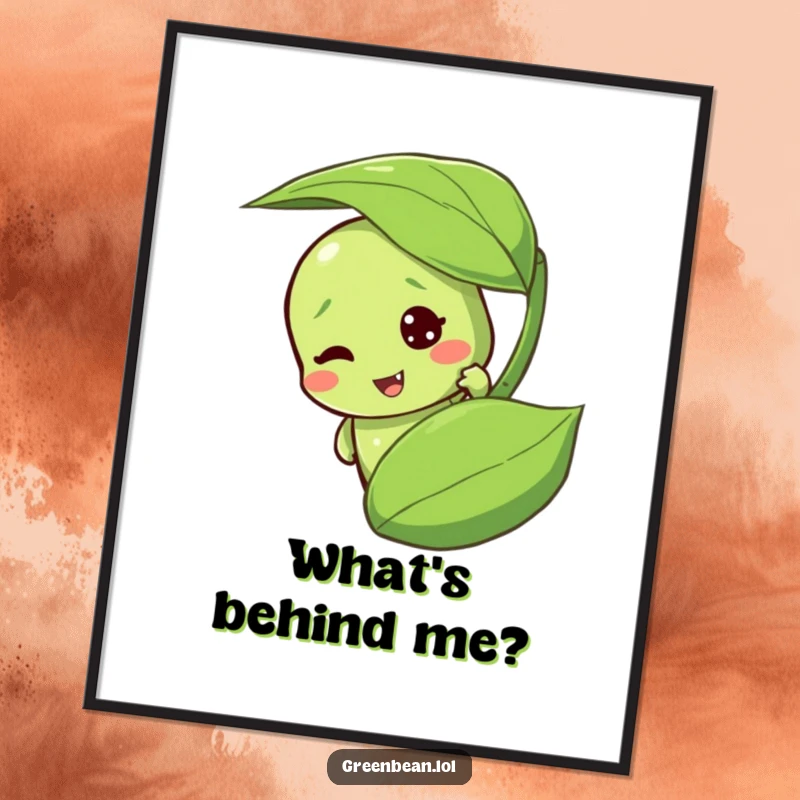 Funny green bean digital art print featuring a mischievous character peeking playfully from behind a leaf. Instant art.
