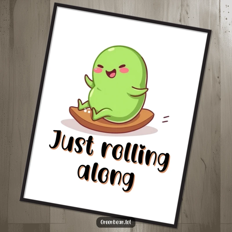 Funny Digital Art Print of a plump green bean character rolling down a gentle slope with glee, embodying pure joy.