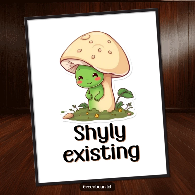 Funny digital art print of a shy green bean character hiding behind a large, friendly mushroom, exuding gentle charm.