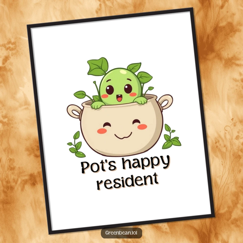 Funny digital art of a surprised green bean character peeking out from a giant, smiling pot, downloadable and charming.