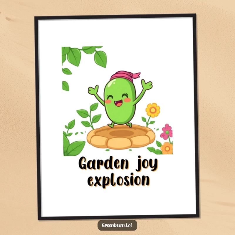 Funny green bean digital art print of a cheerful character bouncing with excitement in a garden, perfect for vibrant, humorous decor.