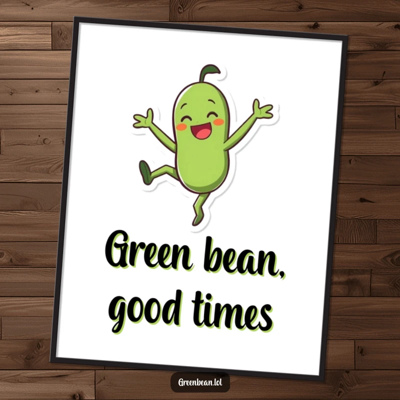 Funny Digital Art Print: Smiling green bean character doing a joyful cartwheel, charming and humorous downloadable decor for food lovers.