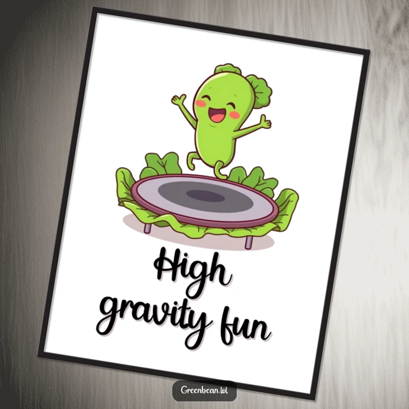 Funny digital art print of an excited green bean character bouncing high on a lettuce trampoline, full of life.
