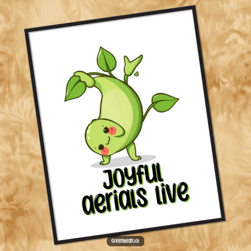 Funny Green Bean Digital Art Print: Humorous artwork of a green bean executing a playful somersault with a leafy flourish, full of motion.