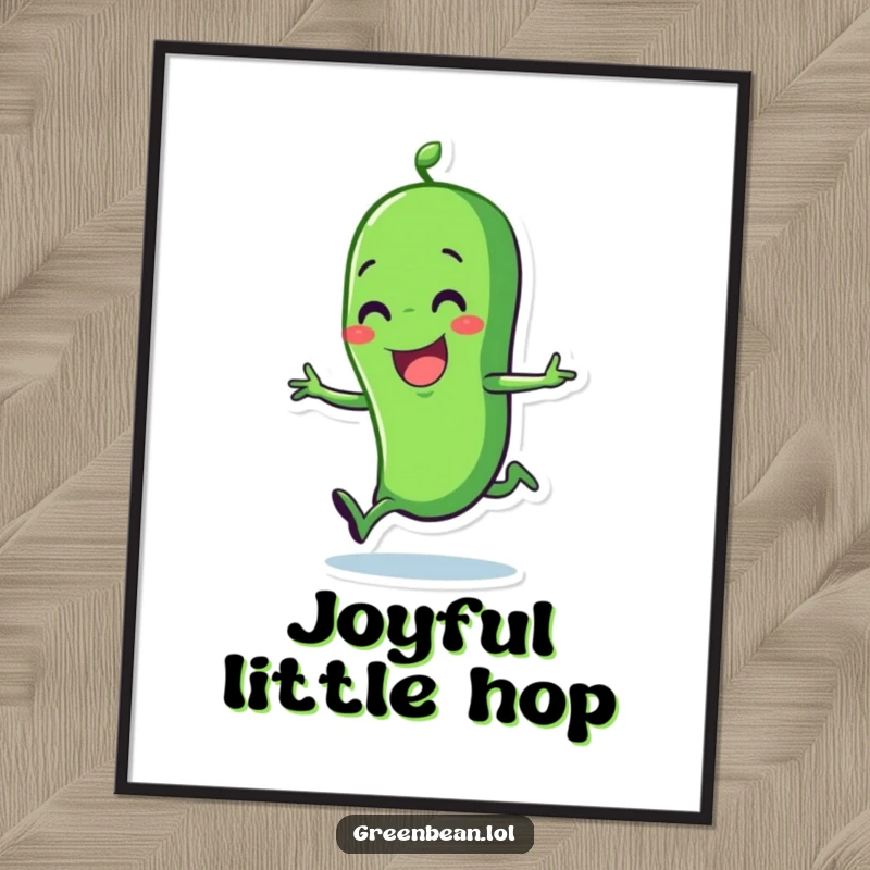 Funny green bean digital art print featuring a happy character doing a joyful hop. Instant art for cheerful decor.