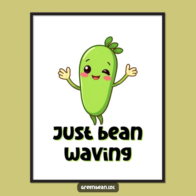 Funny Green Bean Digital Art: Cheerful Waving Character, Downloadable Funny Gift!