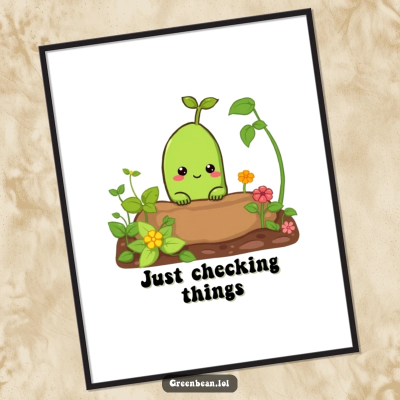 Funny digital art print of a curious green bean peeking from a garden bed. Humorous and charming artwork for digital display.