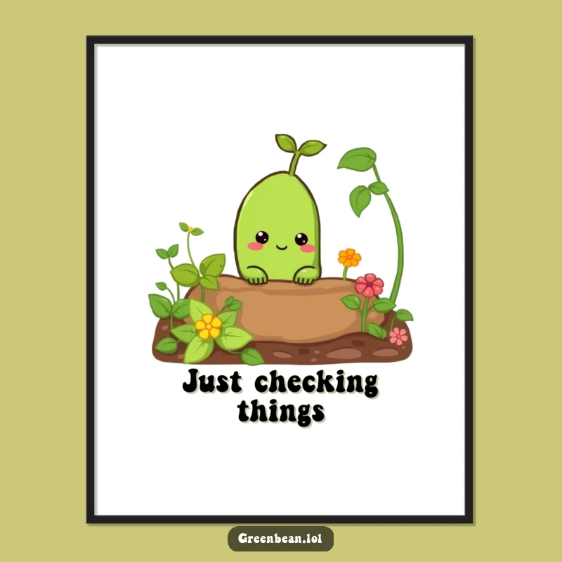 Funny Curious Green Bean Art Print: Garden Peek Decor, Perfect Gift