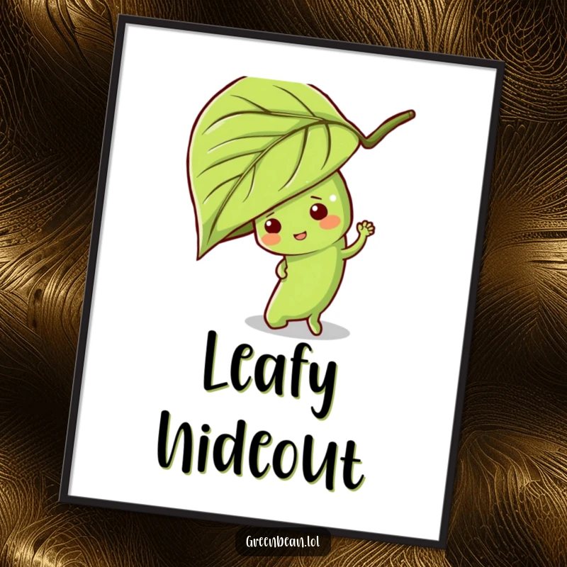Funny green bean digital art print of a mischievous character hiding behind a leaf, perfect for playful and humorous online decor.
