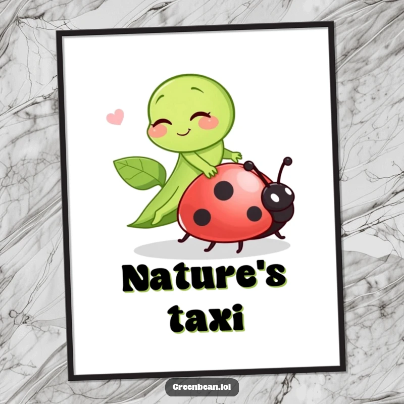 Funny green bean winking playfully while riding a ladybug, a vibrant and humorous digital art print for instant decor.