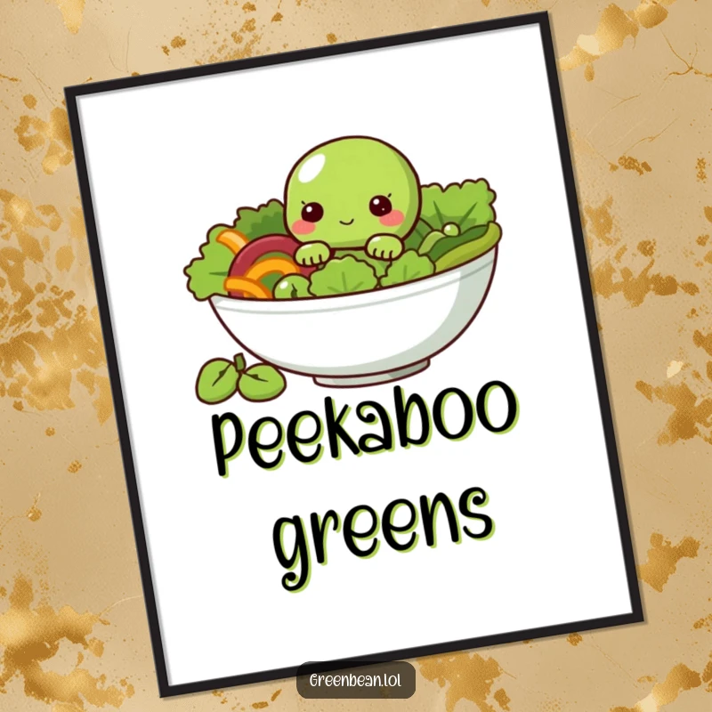 Funny Digital Art Print of a shy green bean character peeking from a salad bowl, adding cute humor indoors.
