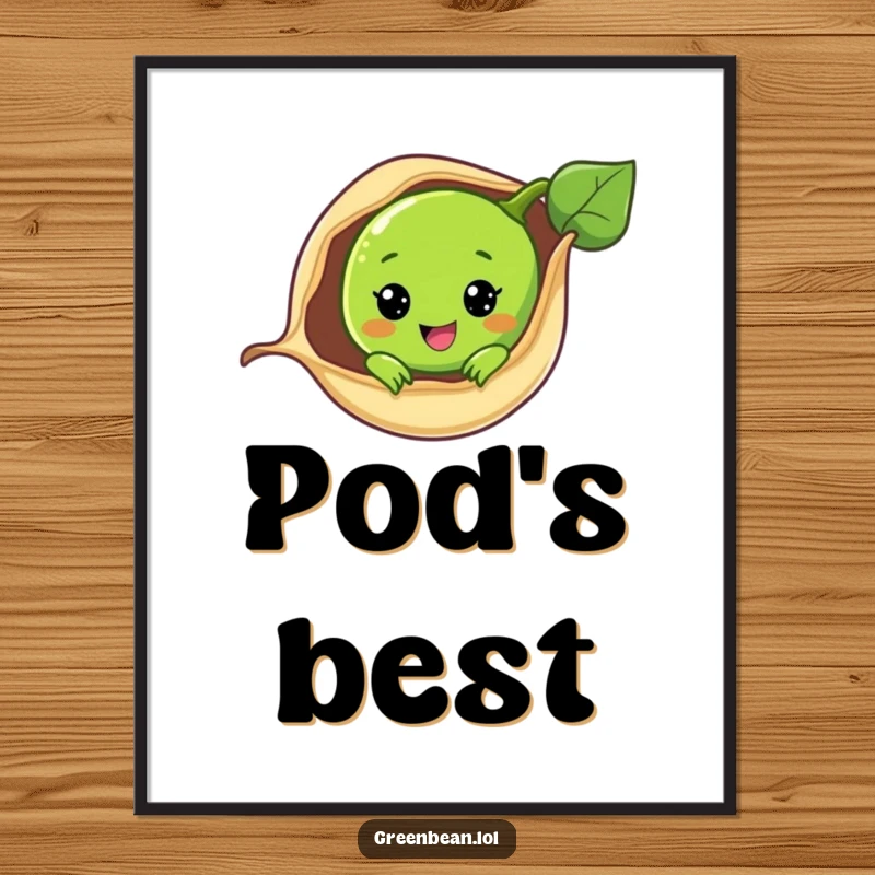 Funny digital art print of a green bean peeking from its pod, delivering instant cuteness and vegetable cheer.