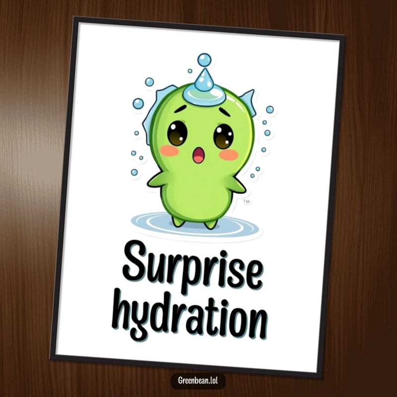 Funny digital art print of a surprised green bean character reacting to a water droplet splash, an amusing and expressive wall decor piece.