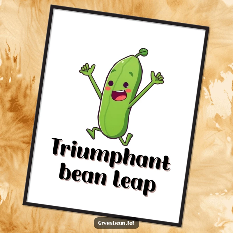 Funny Digital Art Print of a determined green bean character doing a triumphant leap, perfect for instant download and display, bringing motivational humor, a great funny gift.