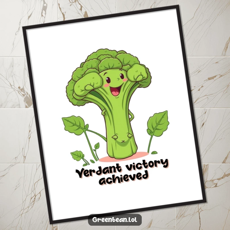 Funny digital art of a determined green bean character climbing a smiling broccoli stalk, a humorous and vibrant piece.
