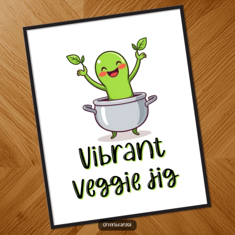 Funny digital art print of a happy green bean character performing a lively jig inside a cooking pot, ideal for fun and humorous wall decor.