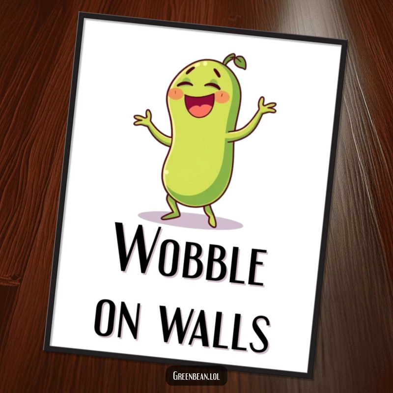 Funny green bean digital art print showcasing a laughing character doing a funny wobble dance, radiating pure comedic joy and energetic fun. High resolution.
