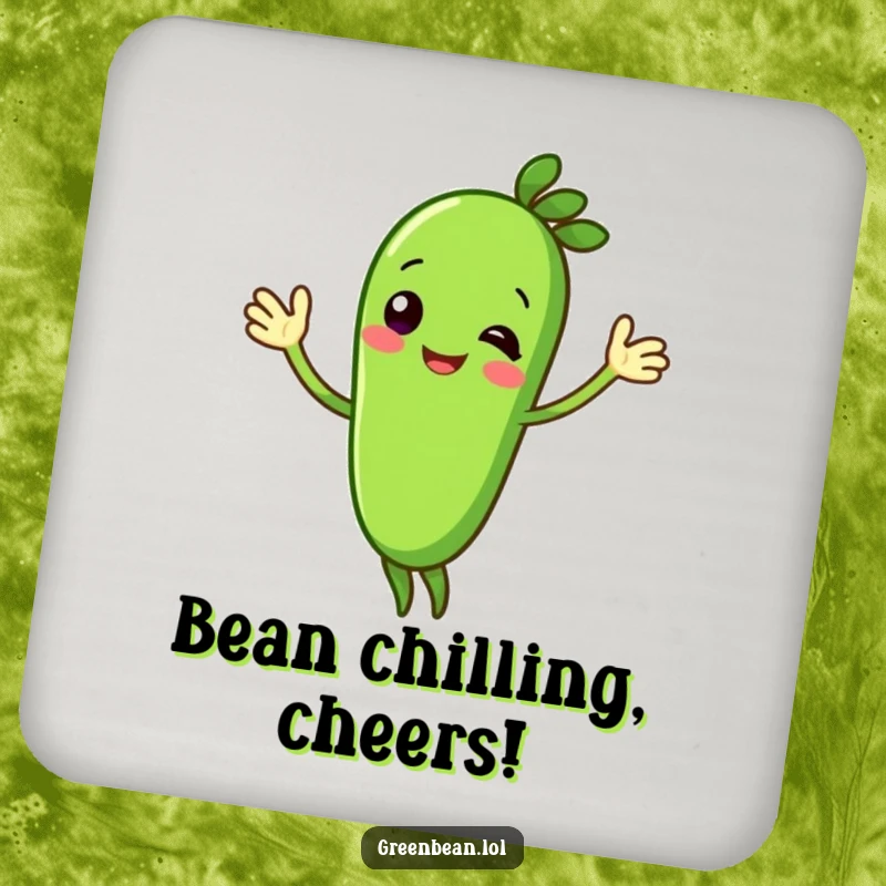 Funny green bean drink coaster with a cheerful, waving character design. Protects surfaces with a smile.